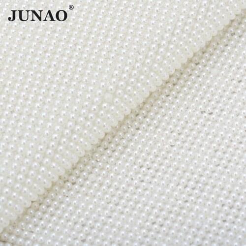 JUNAO 24*40cm 3mm Pearl Rhinestones trim Mesh Hotfix Iron On Glass Applique Crystal Fabric Strass Stickers for Clothes Shoes
