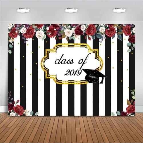 Class of 2019 Graduation Backdrop Black and White Striped Red Rose Floral Photography Background Congrats Graduation Party Photo