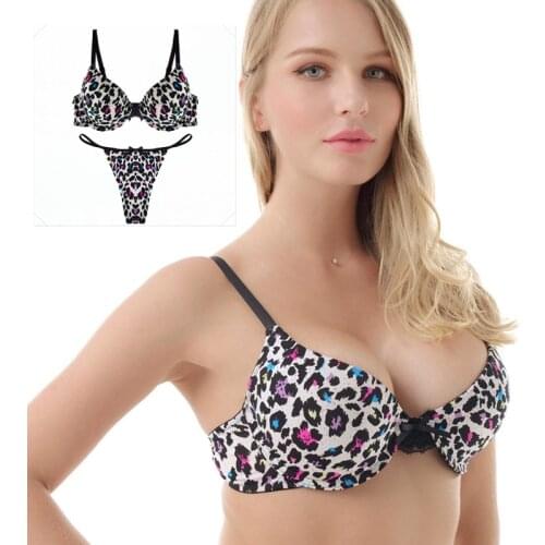 Womens Bra Leopard Printed Sexy Ladys Bra Thong Sets Push Up Brassiere Underwear Girl' Lingerie T Back Thongs 32-38 A-B-C-D-DD