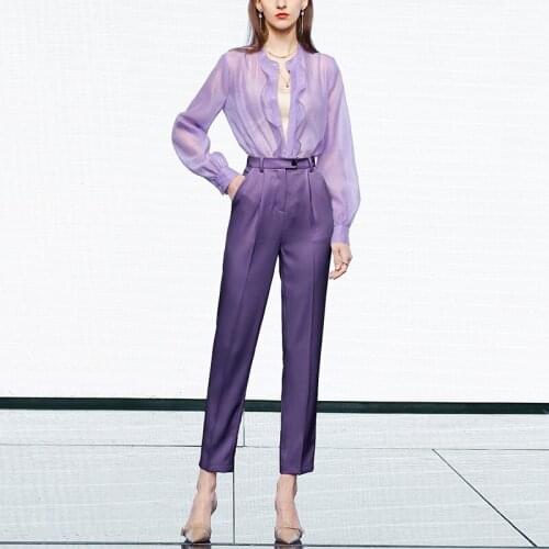 Fashion Elegant Spring Women Sets 2021 New Ruffle Splice Placket Long Sleeve Shirt High Waist Ankle Length Pants Two Piece Sets