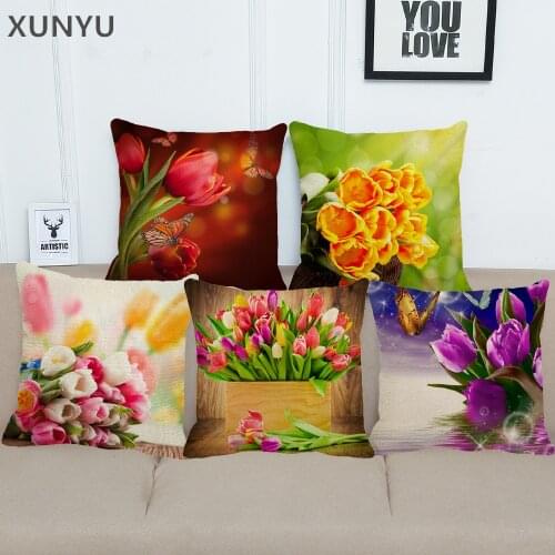 XUNYU Beautiful Tulip Linen Pillowcase Geometric Pattern Square Cushion Cover Home Sofa Decorative Pillow Cover 45x45cm BZ202