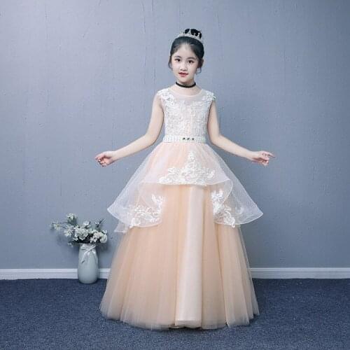 New Lace Flower Girl Dresses Pageant Applique A Line Sheer Neck Sweep Train Teens Birthday Party Communion Gowns