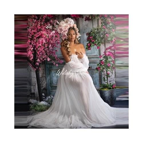 New Bridal White Long Tulle Maternity Robes For Women Photo Shoot Off Shoulder Wave Point Tulle Dresses Baby Shower Wear Kleid