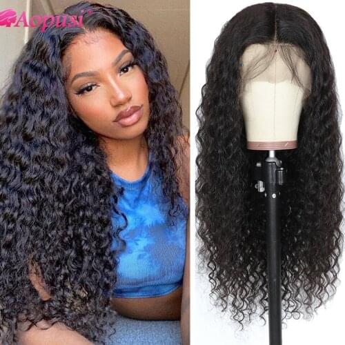 Aopusi Deep Wave Frontal Wig Brazilian T Part Lace Front Human Hair Wigs 13*4 *1 Curly Human Hair Wig With Baby Hair 100% Remy