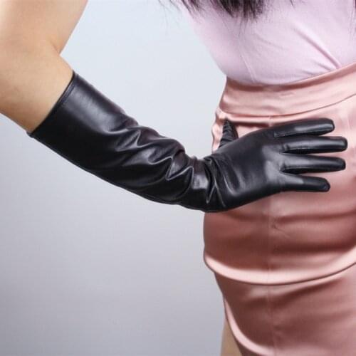 Genuine Leather Long Gloves 40cm Pure Sheepskin Female Black Straight With Lined Vintage Classic Gloves Women WZP38