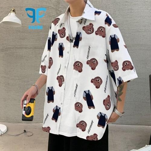 FAVRE Casual Shirts Summer Men Short Sleeve Fashion Shirt Bear Print Cute Childlike Retro