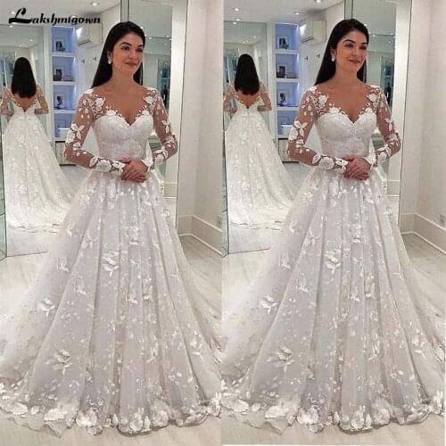 Sexy Women Wedding Dress White Lace Long Dress Deep V-neck Long Mesh Lace Sleeve A-line Pleated Floor-length Dresses