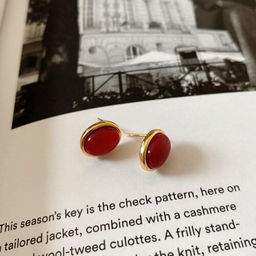 Red agate earrings 925 sterling silver earrings female simple fashion ins wind stud earrings