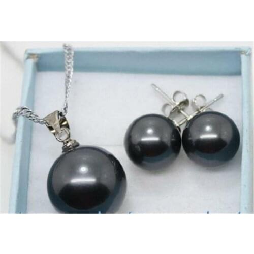 10mm/14mm Black Sea Shell Pearl Mother Of Pearl Pendant Earring Set