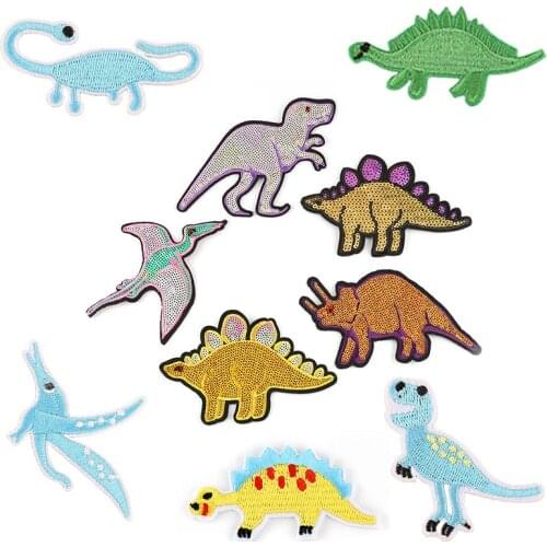 Fabric Sequin Embroidered Fusible Sew Iron On Transfers Dinosaur Patches For Clothes Clothing Stickers Applique Sewing Badges