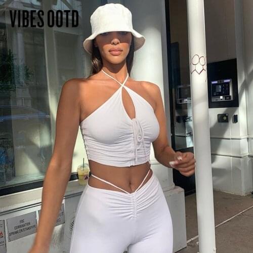 VIBESOOTD Drawstring Ruched Cut-Out Halter Top and Shorts Two Piece Set Matching Sets Bandage Outfit Lacing Top Casual Solid