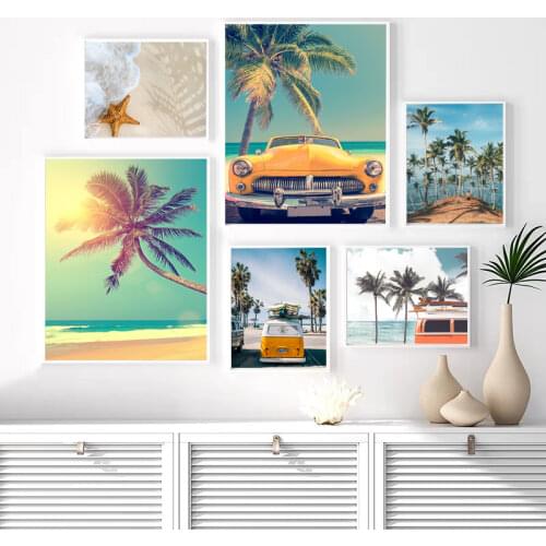 Vintage Car Palm Tree Starfish Sunny Beach Landscape Canvas Painting Wall Art Modern Picture for the Home Living Room Decoration
