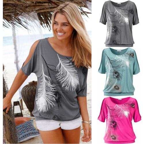Summer T Shirt Women new feather printed off-the-shoulder round collar short sleeve T-shirt Female Tee Tshirts ZXPt011