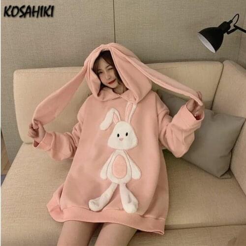 KOSAHIKI Women Cute Bunny Ear Hoodie Girls Kawaii Rabbit Patch Hoodies Women Sweatershirt Oversized 2021 Autumn Pullover