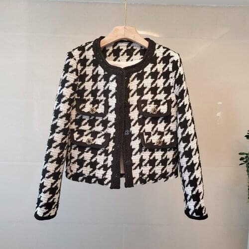 Korean Houndstooth Plaid Tweed Jackets Women O-Neck Long Sleeve Woolen Coats Black Vintage Elegant Bomber Autumn Winter B585