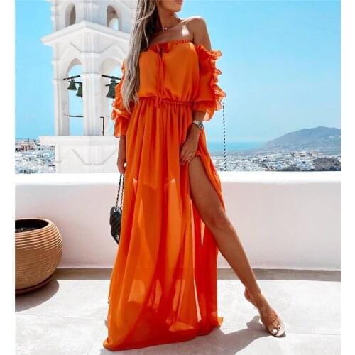 Ladies Casual Solid Long Sundress Ruffled 3/4 Sleeve Off-shoulder Side Split Elastic Waist Dress Women Summer Beach Holiday XXL