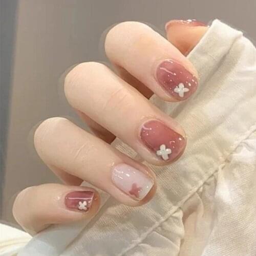24pcs Floral Printed Nails Patch Glue Type Short Paragraph Fashion Manicure Patch False Nails Save Time Nail Patch Nail Art