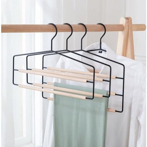 5pcs/lot Multi Layers Metal Pant Hangers with Non Slip Wood Bar for Closet Space Saving Suits Trousers Towels Scarves Display