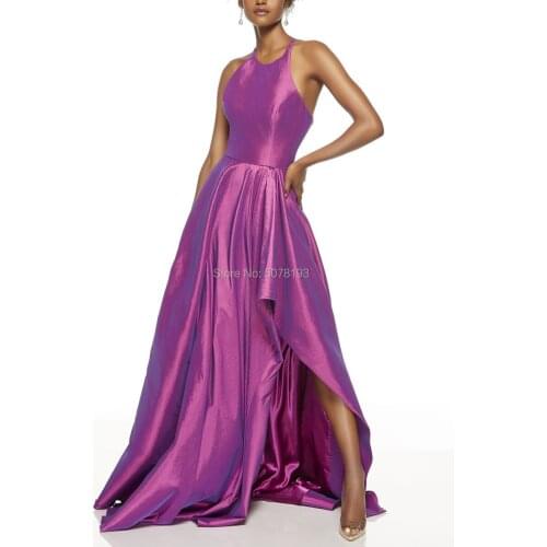 782 purple halter natural A-line floor-length Evening dresses long taffeta Celebrity gowns showing leg sweep-train free shipping