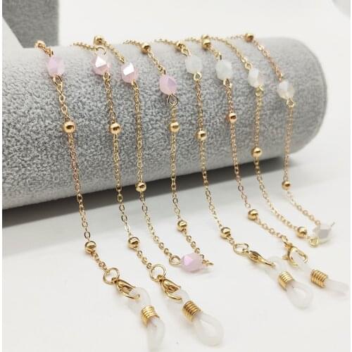 Eyeglasses Chain White Pink Crystal Charm Bead Metal Plated Silicone Loops Sunglasses Accessory Women Necklace Gift