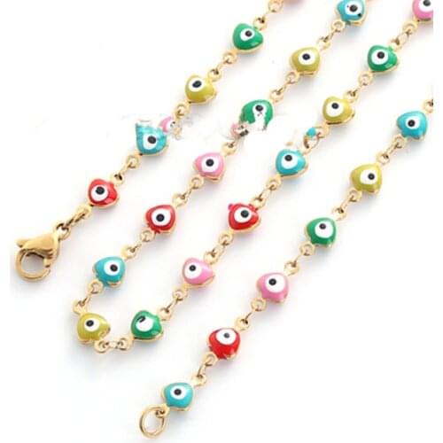 DoreenBeads 304 Stainless Steel Link Chain Necklace For Women Evil Eye Gold Color Enamel 45cm long, Chain Size: 10x5mm,1 Piece