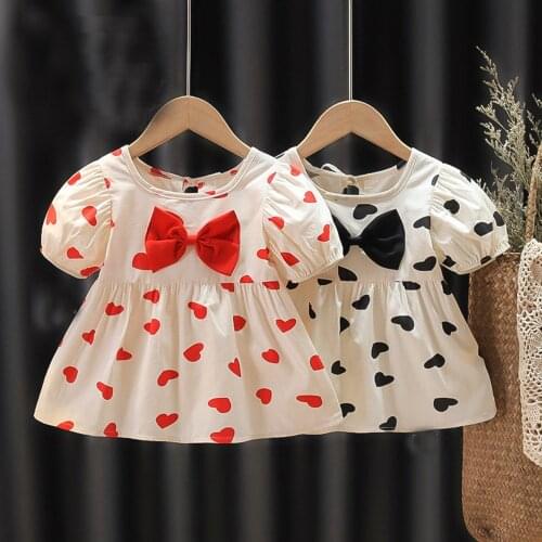 Girls Kids Sweet Princess Bow Dress 2021 Summer Short Sleeve Children Baby Infants Print Heart Casual Dresses Vestidos S12531