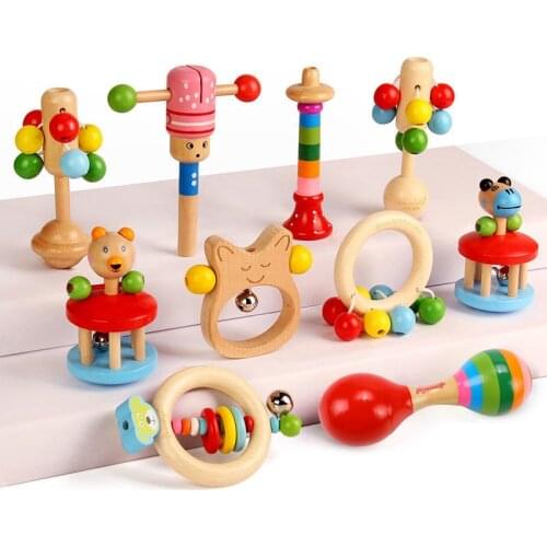 Rainbow Handle Wooden Bells Jingle Stick Shaker Rattle For Baby Montessori Educational Grab Spin Rattles Children Musical Toys