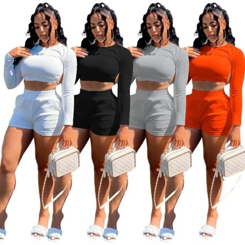 Shorts Sets Women Tracksuit Fitness Gym Clothing Long Sleeve Backless Crop Top Running Tights Shorts Workout Suit Sportswear