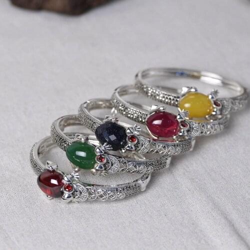 FNJ Animal Toad Bangle 925 Silver Original Pure S925 Sterling Silver Bangles for Women Fine Jewelry Natural Agate MARCASITE