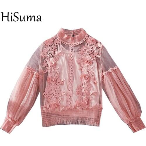HISUMA Summer Puff Sleeve Women Hollow Out 3D Lace Flower Ruffles Shirt Lady Elastic Slim Mesh Gauze Sexy Pullover Blouse Tops