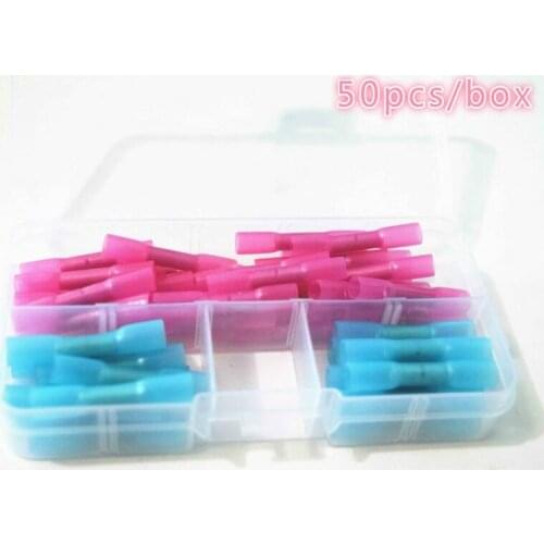 50 pcs/box Insulated Waterproof Heat Shrink Terminals Butt Electrical Wire Crimp Terminals Connector Red + Blue
