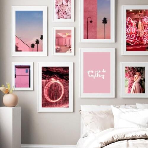 Pink Seascape Picture Girl Room Wall Decor Poster and Print Flower Landscape Canvas Painting Bedroom Decor