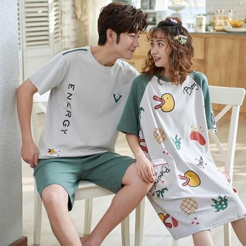 Summer Short-sleeved 100% Cotton Pyjama Set Men Style Couple Pijama Set Sleepwear Top+ Pants Lovers Pajamas Sets Women Nightwear
