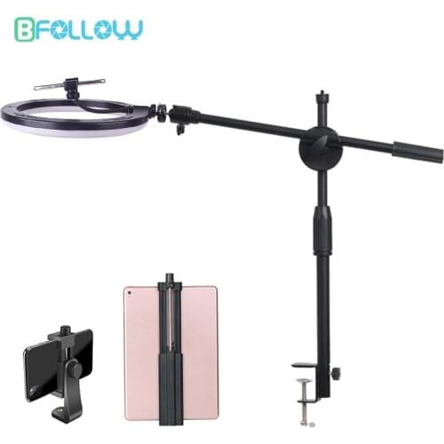 BFOLLOW Overhead Shooting Video Desk Clamp Mount 10 inch Ring Light Mobile Phone Tablet Holder for Youtube DSLR Camera Bracket