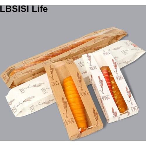 LBSISI Life 50pcs French Loaf Paper Bag Avoid Oil With Window Cookie Caterpillar Bread Baking Packing Collocation Stickers