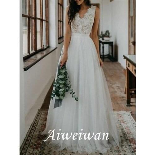 A-Line Floor-Length Low Backless Lace Tulle Beach Wedding Dress 2021