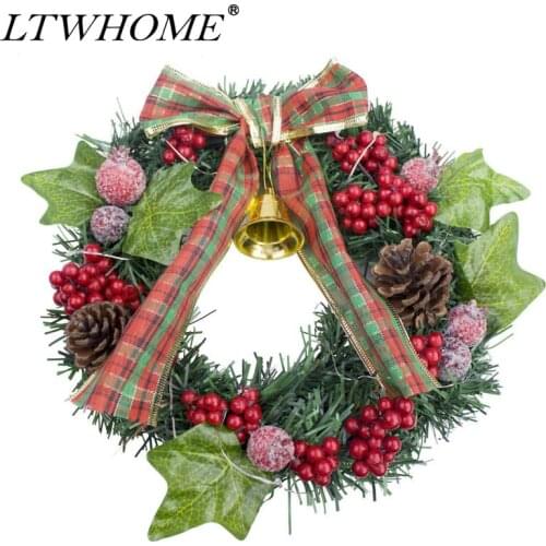 LTWHOME Artificial Green and Red Hand Made 9" Christmas Wreath with LED String Lights, Model: CWBK