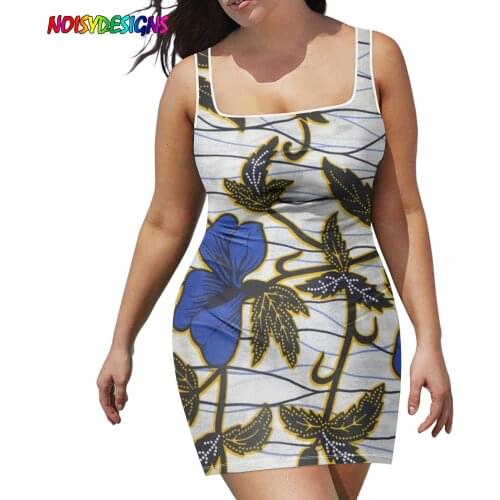 NOISYDESIGNS Floral Dress Vintage Blue Hibiscus Flower Ankara African Printed Dress Women Dresses Female Casual Office Veatidos