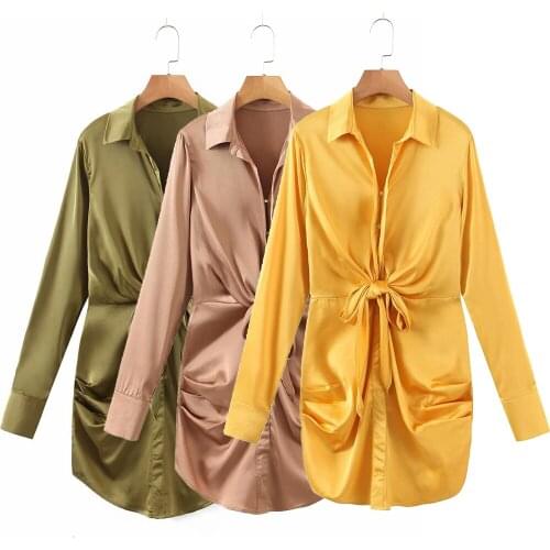 2021 Autumn Satin Shirt Pleated Long-sleeved Dress Lace-Up Slim Dress Summer Elegant Draped Deep V Long Shirt Party Dresses New