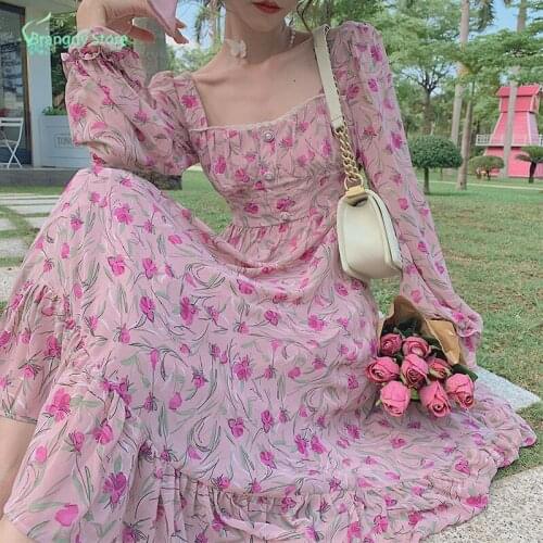 Korean Dress Elegant Vintage Ciothes Cottagecore Aesthetic Summer Woman Pink Dress Kobieta Designer Strawberry Sukienka Harajuku