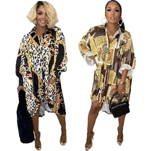 Casual Loose Shirt Dress Women Fashion Printed Straight Long Dresses Autumn Spring Long Sleeve Button Sundresses Streetwear 2021