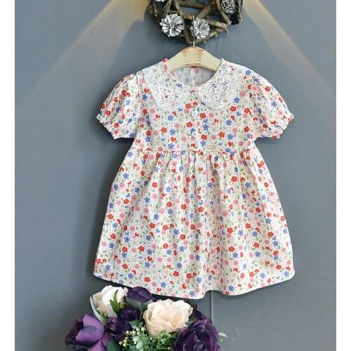 Girls casual dresses summer baby trend children Korean style lace lapel floral short-sleeved princess dress kids clothes