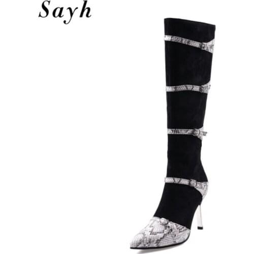 Winter Shoes Woman Knee High Boots Pointy Toe Stiletto High Heel Buckle Snakeskin Tall Boots Womens Boots size 35-46