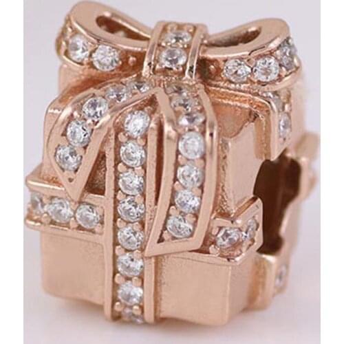 Authentic S925 Bead DIY Jewelry Sparkling Surprise Gift Box Charm fit Lady Bracelet Bangle Rose & Clear CZ