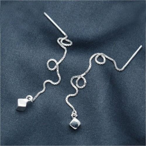 MloveAcc New Hot 925 Sterling Silver Korean Square Cube Drop Earrings Long Tassel Ear Line Fashion Trend Jewelry