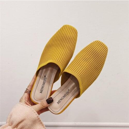 Famous designer knitting flip flops women square toe slippers stretch fabric outdoor slides shoes summer mules weave slipper 143