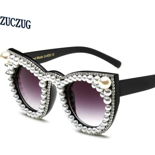 Baroque Fashion luxury rhinestone cat eye sunglasses women brand designer oversized sunglasses pearl ladies party Oculos UV400