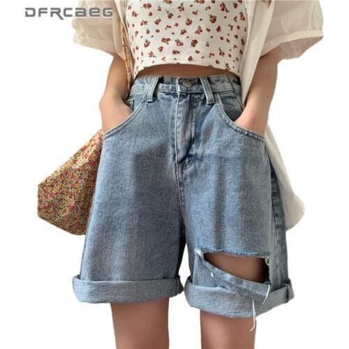 Loose Vintage Ripped Woman Bermuda Short Jeans 2020 High Waist Knee Length Wide Leg Summer Shorts Capris Trousers Denim Femme