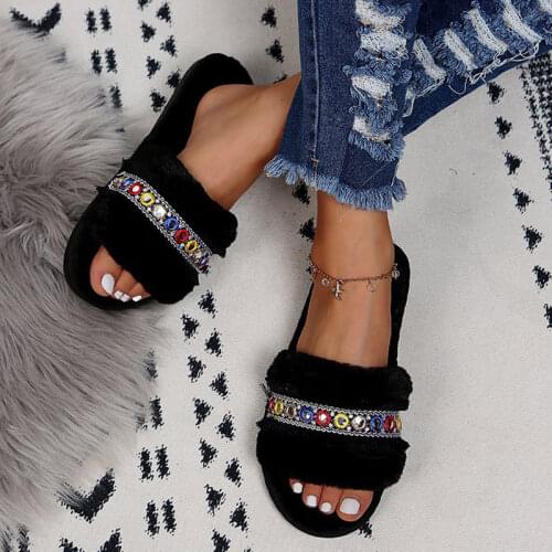 Winter Women Slippers Ladies luxury Rhinestone Chain Warm Plush Open Toe House Slipper Female Fashion Indoor Flats Womens Shoes