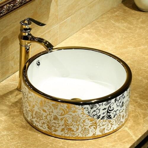 European Style Gold pattern Washbasin Artistic Basin Lavatory Bathroom wash Basin ceramic wash basin